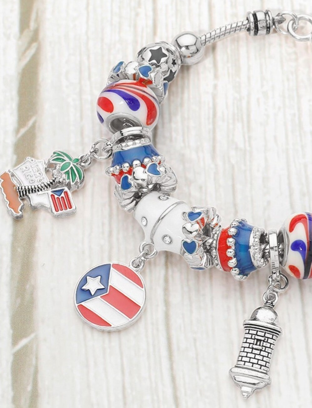 Puerto Rico Flag Charm Multi-Bead Bracelet